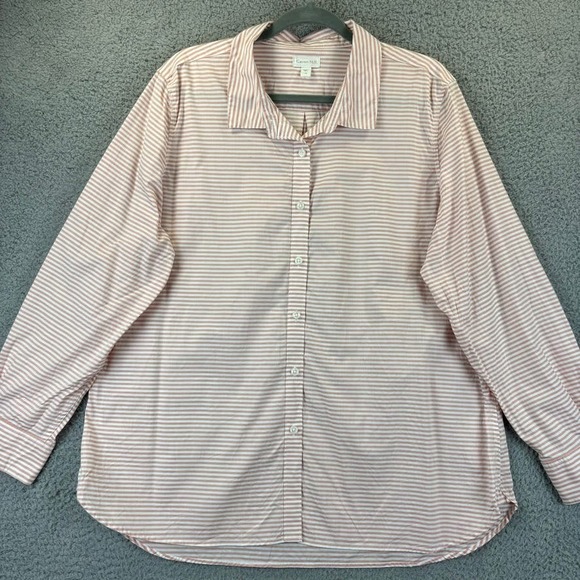 Garnet Hill Shirt Sz 18 Organic Pima Beachy Pink Striped Button Up Long Sleeve - Picture 1 of 12